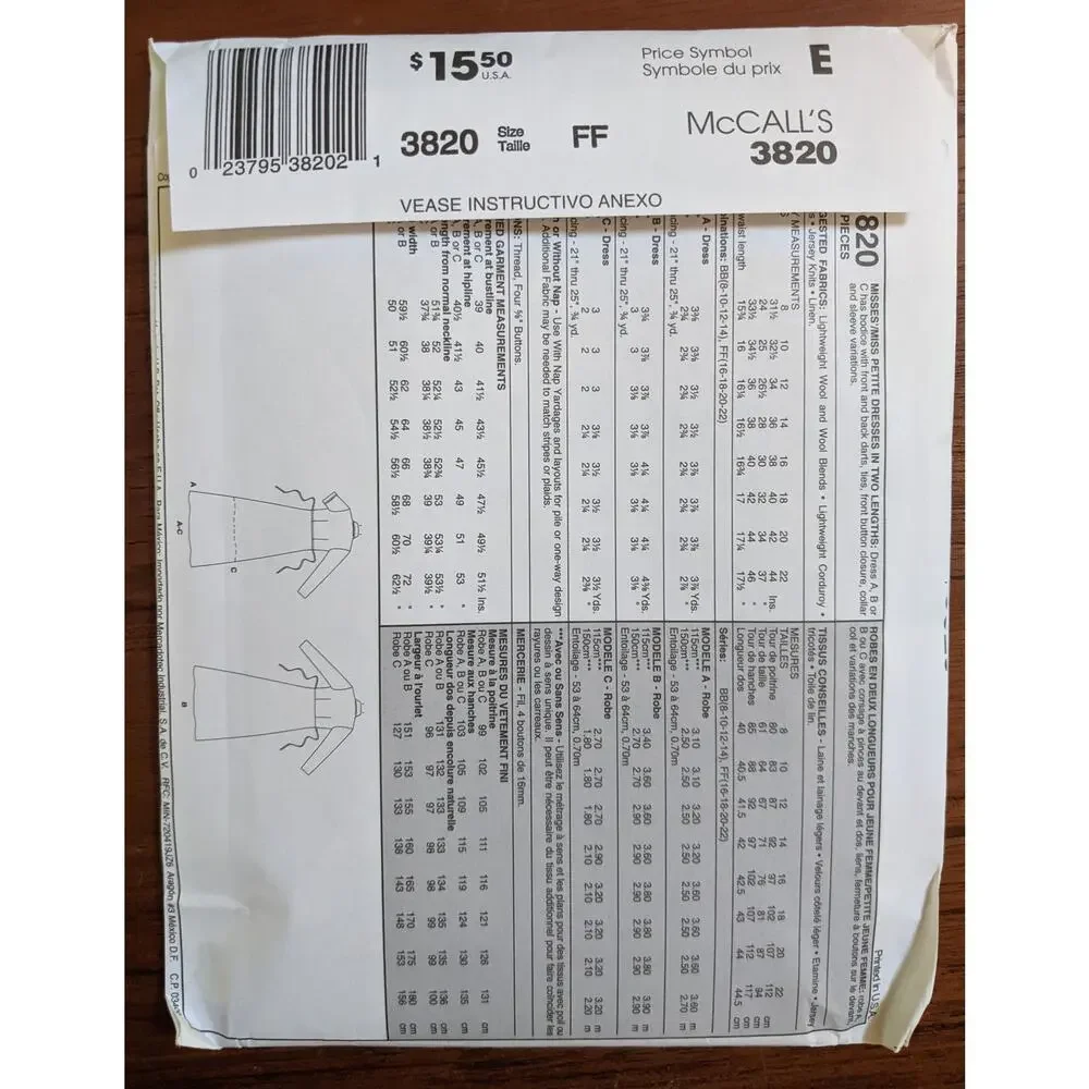 UNCUT McCalls Pattern 3820 Dress 16-22